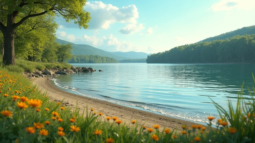 Inviting lakeside land with wildflowers, wooded areas, and lake ozark in the distance. Invest in undeveloped land in the Ozarks for peace and natural beauty.