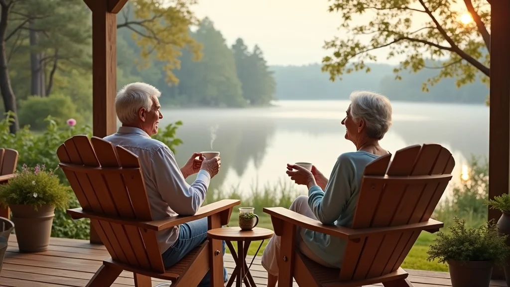 Peaceful retirement living in Cherokee Village, coffee on deck overlooking lake and woodland