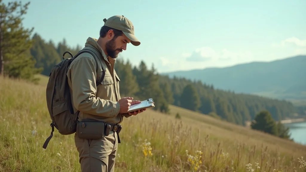 Surveyor inspecting undeveloped land for sale in the Ozarks—evaluating boundary, soil sample, utilities, and topography for buyers.