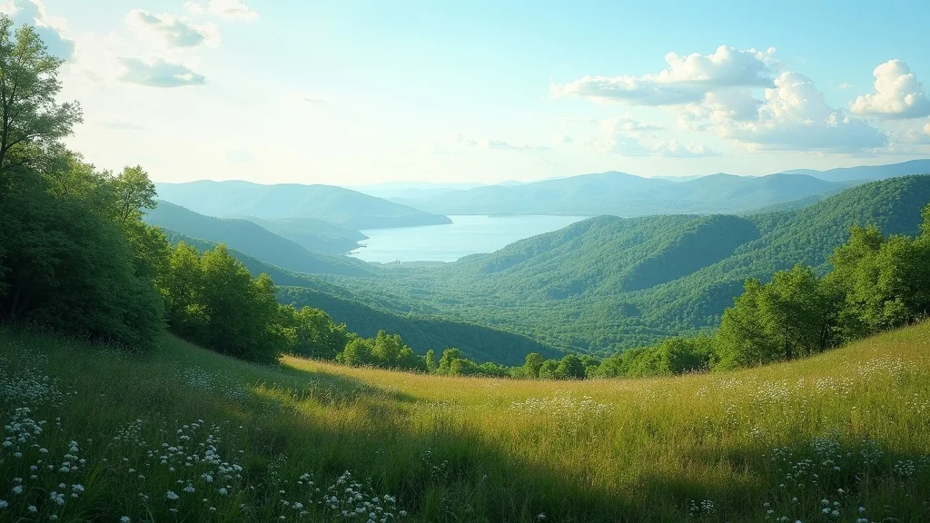 Lush Ozark mountain landscape featuring rolling hills, forest, clear sky, and distant blue lake. Buy undeveloped land in the ozarks for vibrant scenery and natural beauty.